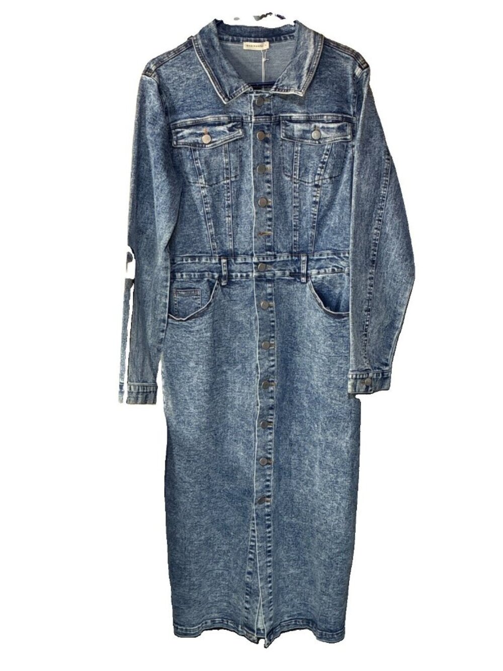 NWT AND THE WHY Denim Maxi Dress Small Stretch Button Down Long Collar ATW15266